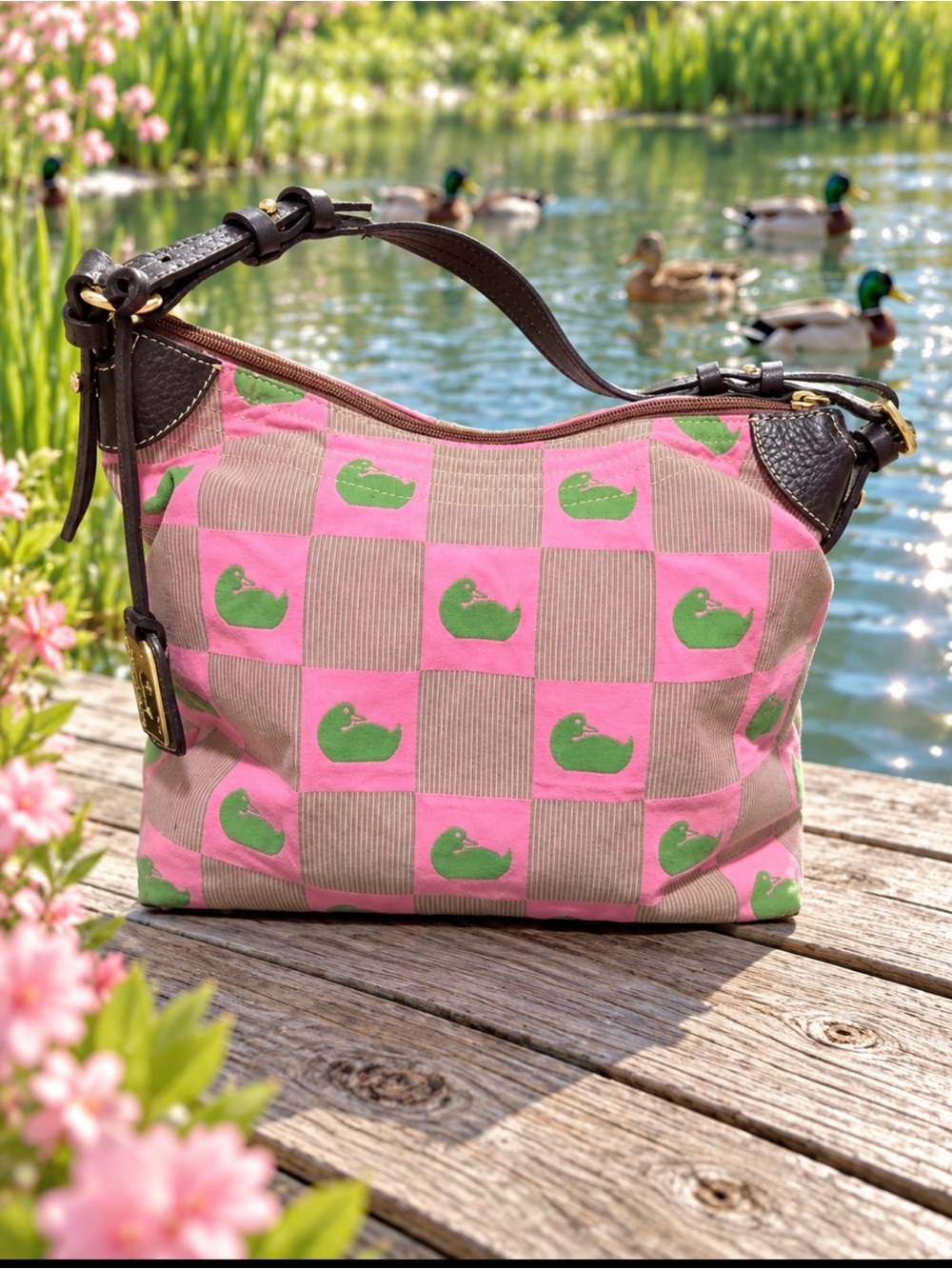 Designer Checker Duck Canvas Shoulder Bag - Pink & Green